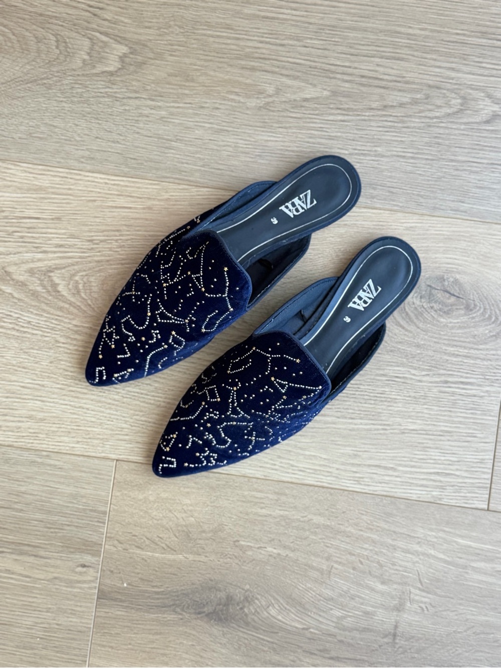 Zara Navy Velvet Studded Pointed Toe Mule Loafers EU 39